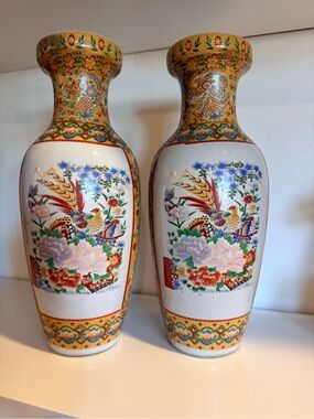 Pair Vintage Japanese Satsuma Style Porcelain Vases Hand Painted Birds Floral